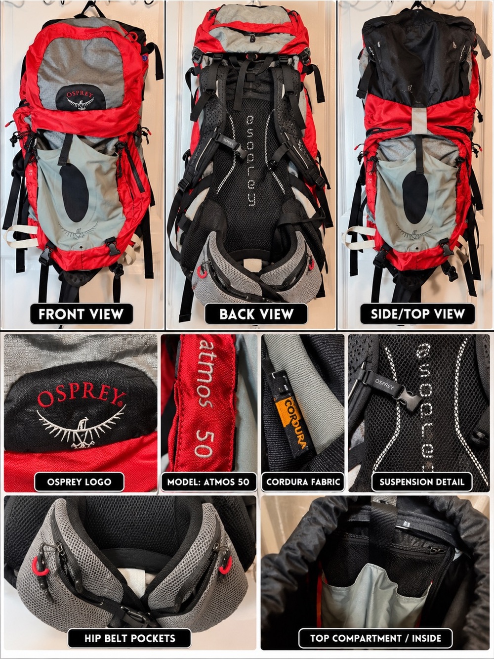OSPREY Atmos 50 Backpack - Red and Gray